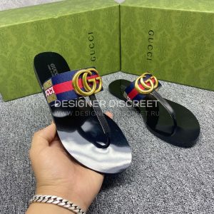 GUCCI LEATHER THONG SANDAL WITH DOUBLE G BLUE AND RED 497444 - Image 3